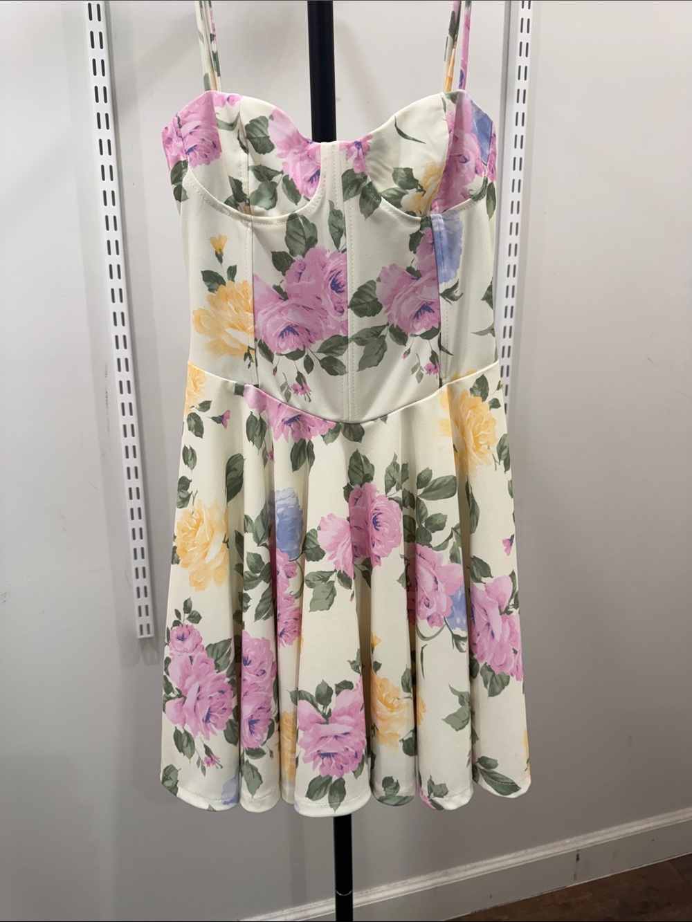 Zara Floral Sweetheart Mini Dress in Cream with Pink & Yellow Roses